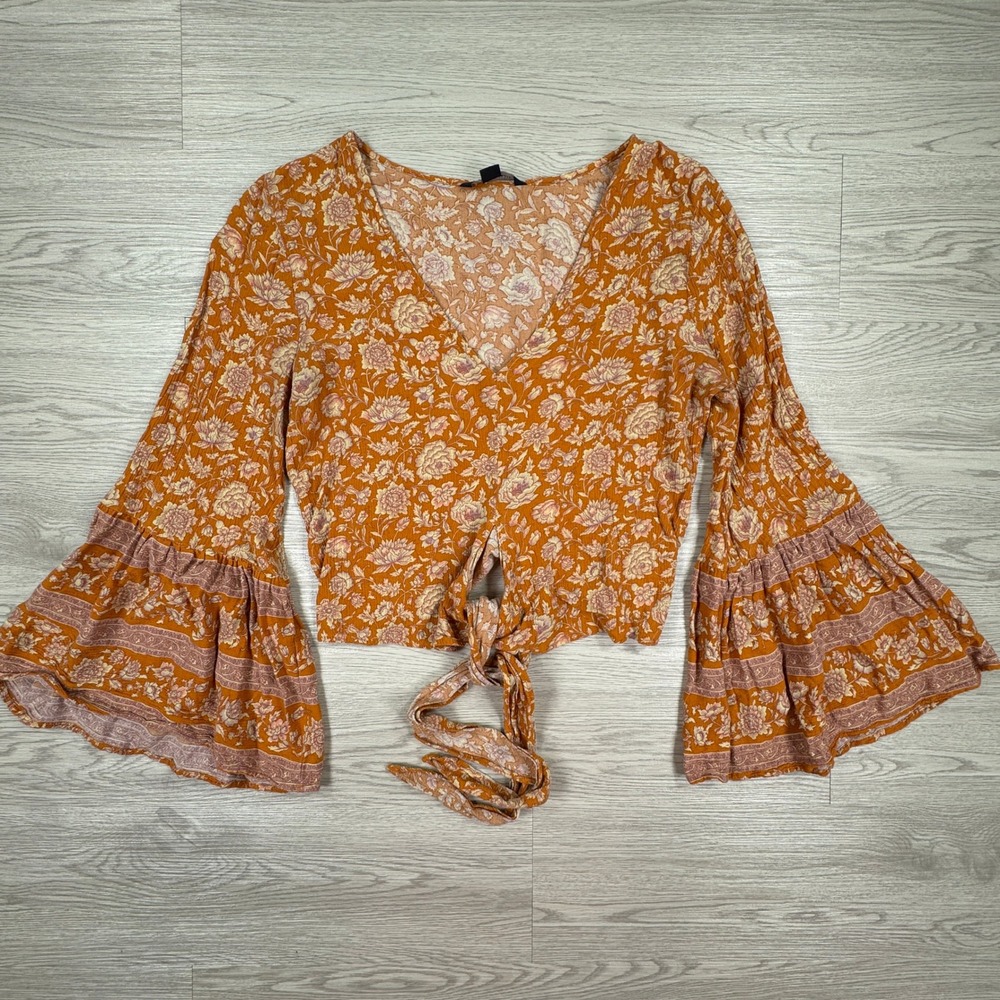 American Eagle Women's Top Floral Tie Front Bell Sleeve Orange XS Boho Chic Crop